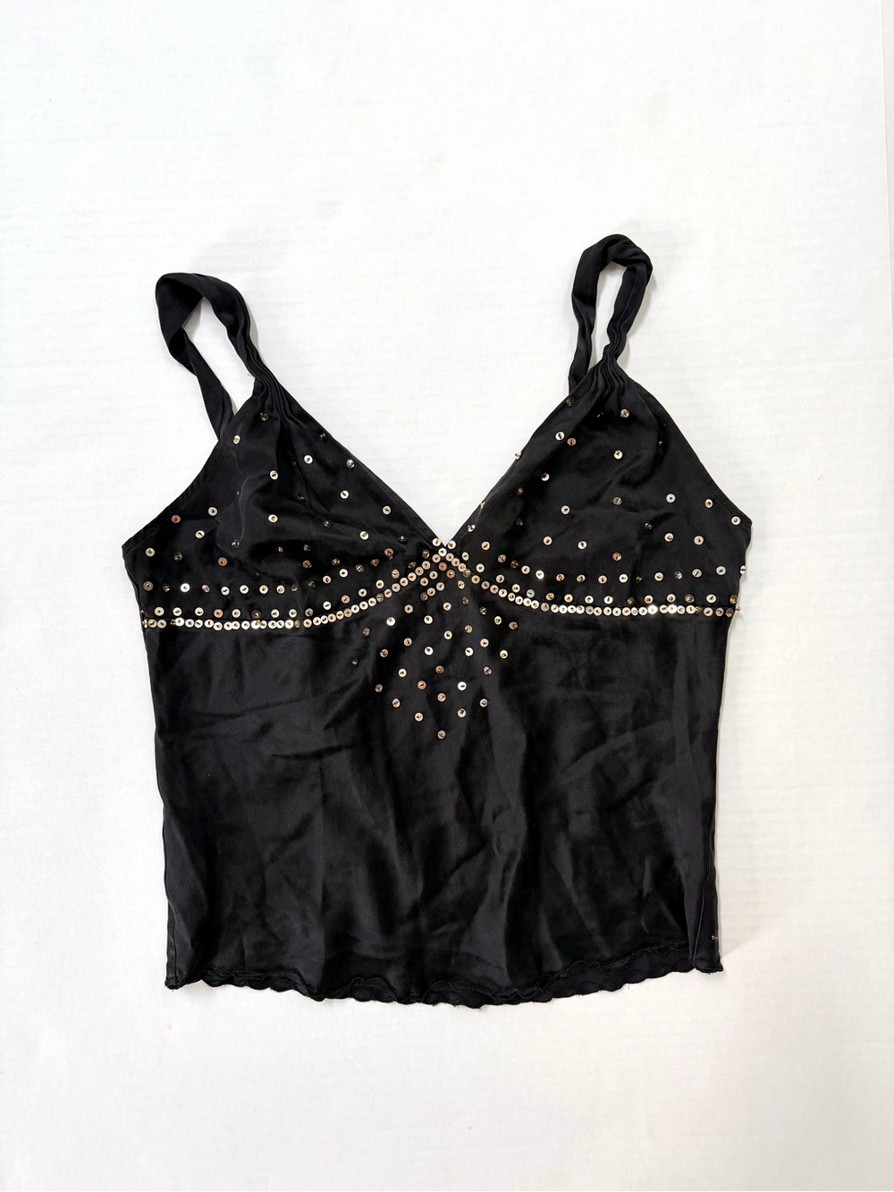 Black Satin Sequin Cami — Silk / Satin Y2K Paris Hilton Core Gold Embellished S